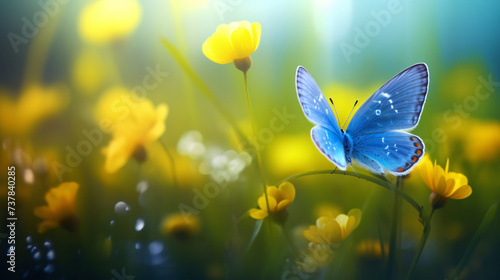 A small blue butterfly on a background of yellow. © Natia