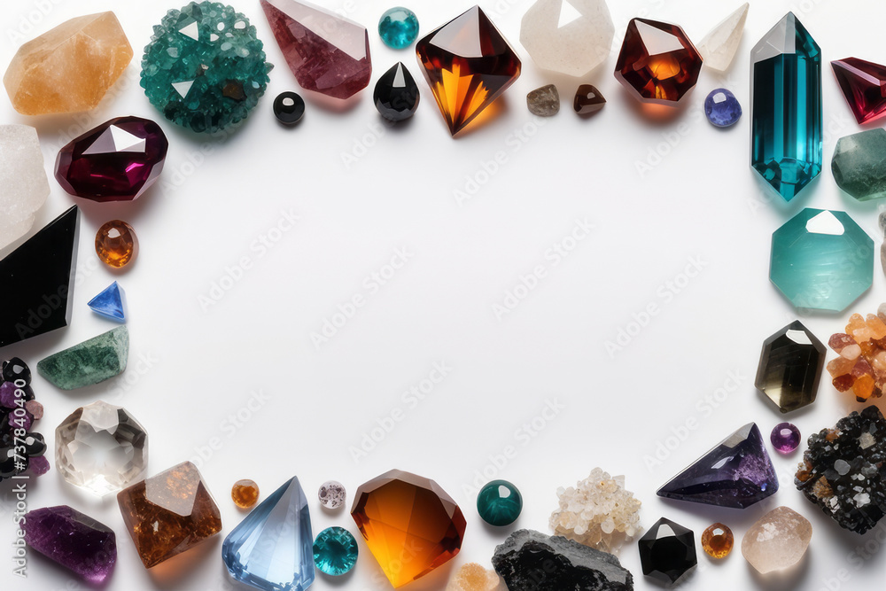 Different natural crystals and gemstones with copy space in frame. Working with minerals, isoteric practices.