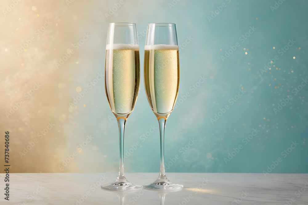 Two champagne glasses awaiting a celebratory toast, crystal clarity, simplistic elegance, on a soft-focused, single-color background, hues of gentle pastels. Generative AI Two champagne glasses awaiting a celebratory toast, crystal clarity, simplistic elegance, on a soft-focused, single-color background, hues of gentle pastels. Generative AI