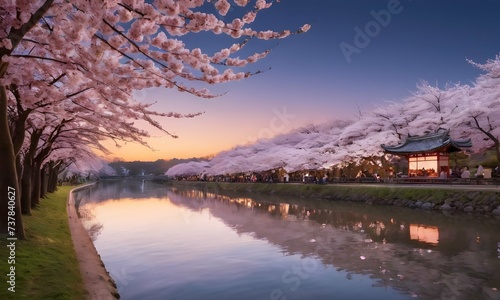 Harmony of pink blossoms and serene waters in an Asian landscape. AI illustration.