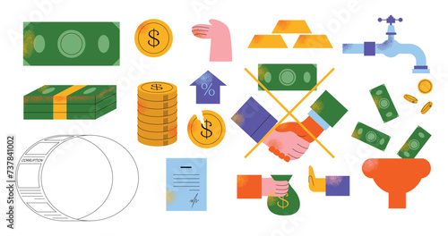 Finance icon set. Containing loan, cash, saving, financial goal, profit, tax, budget, mutual fund, corruption collection. Vector modern illustration isolated on white background