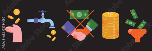 Finance icon set. Containing loan, cash, saving, financial goal, profit, tax, budget, mutual fund, corruption collection. Vector modern illustration isolated on black background