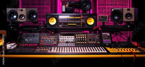 A meticulously organized array of electronic music production tools, each panel aglow amid the softly lit setting of a studio