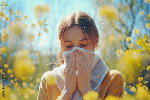 A girl blowing her nose with a towel due to allergy symptoms on the background of nature in the spring season