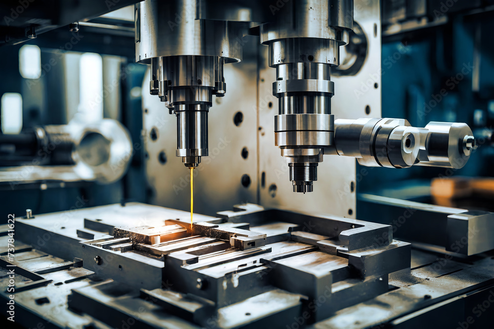 close up of a laser cutting head, a machine carving metal.
close up of a laser cutting head, a machine carving metal.
