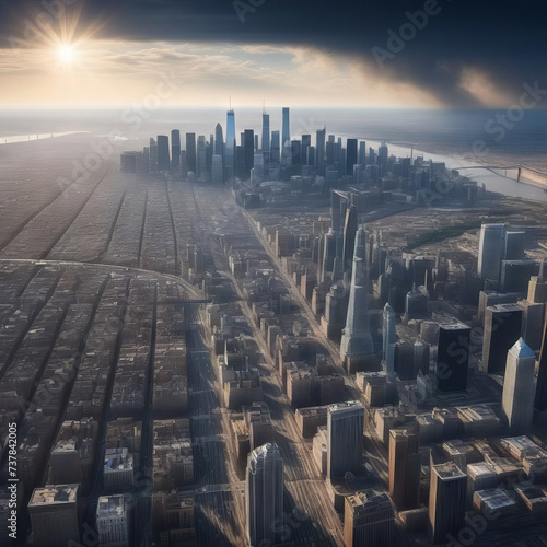 Futuristic modern city skyline with urban skyscrapers. Illustration Inductrial big city Aerial view photo