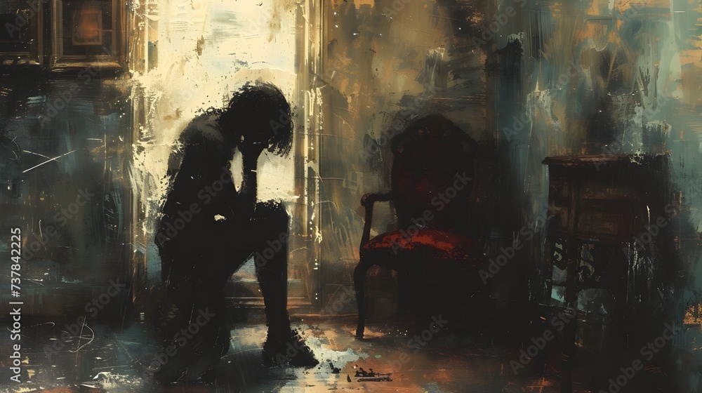 Oil Painting of a Girl in a Room with Somber Mood Oil Painting of a Girl in a Room with Somber Mood