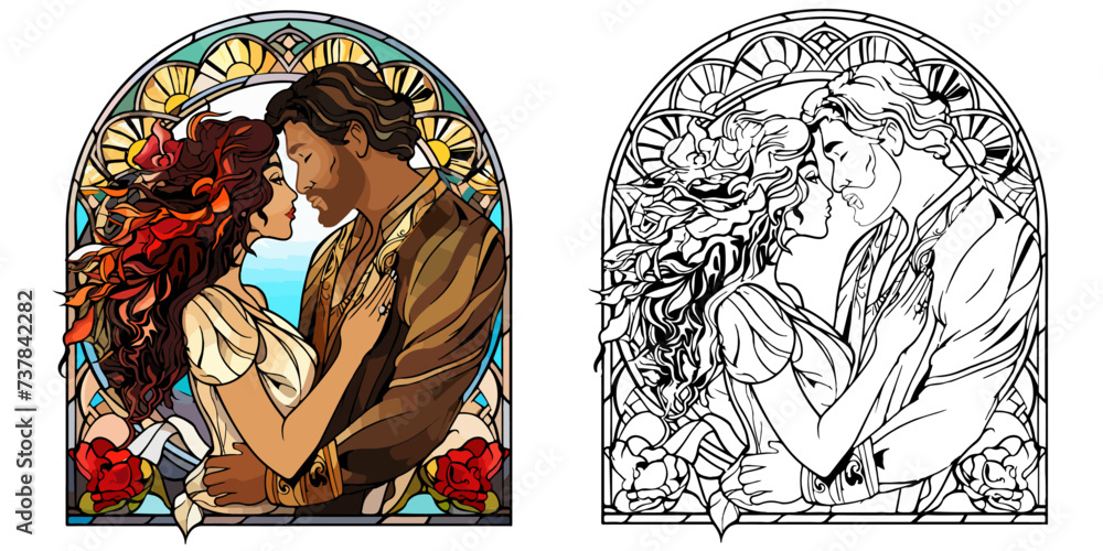 A Sweet Couple Close Together with Presents Coloring Page Stained Glass Vector Art