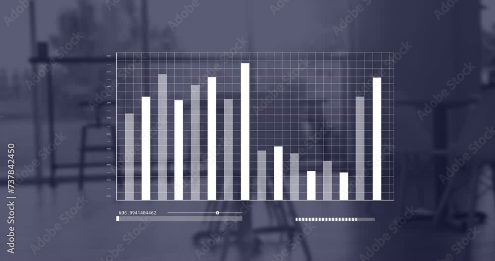 Animation of statistics and financial data processing over office Animation of statistics and financial data processing over office
