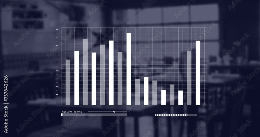 Animation of statistics and financial data processing over office Animation of statistics and financial data processing over office