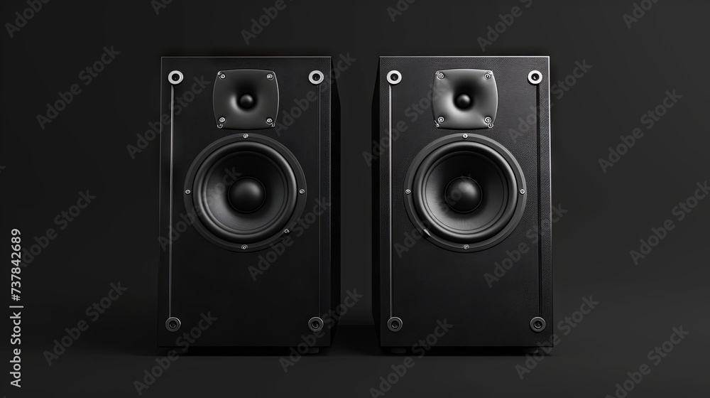 Black speakers on black background, concept of listening to loud music, sound