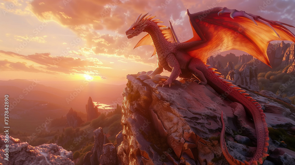 Sunset Sovereignty: A Majestic Dragon Perched Atop a Rocky Cliff ...