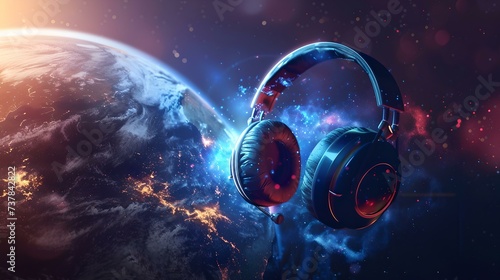 Fototapeta Naklejka Na Ścianę i Meble -  Vibrant cosmic headphones float in space with earth backdrop. futuristic music concept. stylish design and digital art. AI