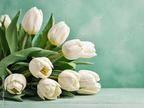 Beautiful white tulips in craft paper on green pastel background with copy space, spring time, mother's day