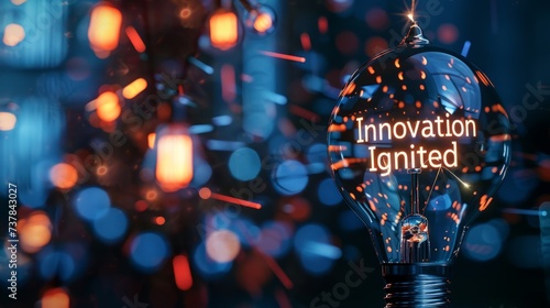 Innovation Ignited: Silhouette of a lightbulb with the phrase "Innovation Ignited" glowing within, representing the spark of creativity and forward thinking.