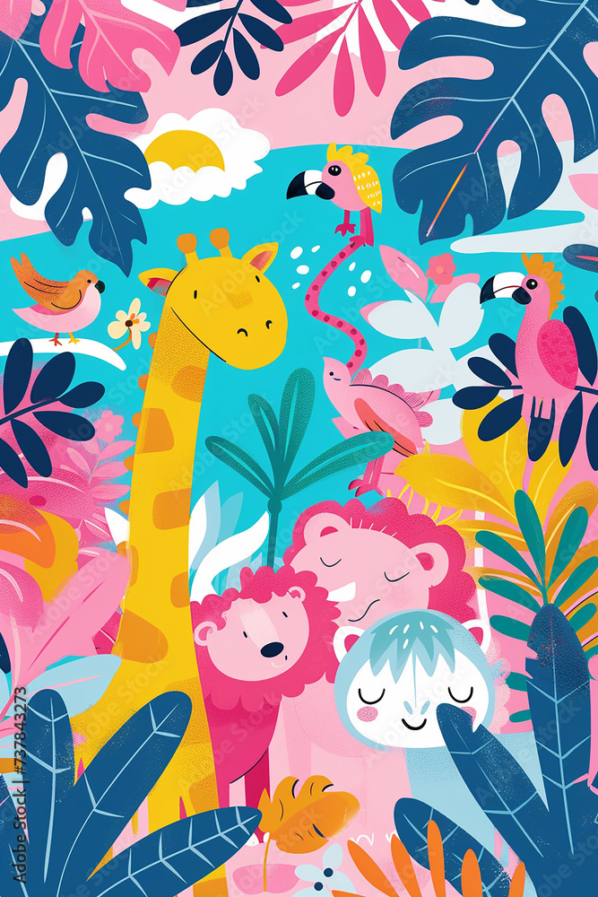 Cute сhildren's pattern with giraffes, parrots and tropical plants.