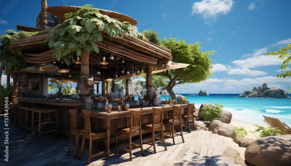 A beachside bar serving tropical cocktails with umbrellas