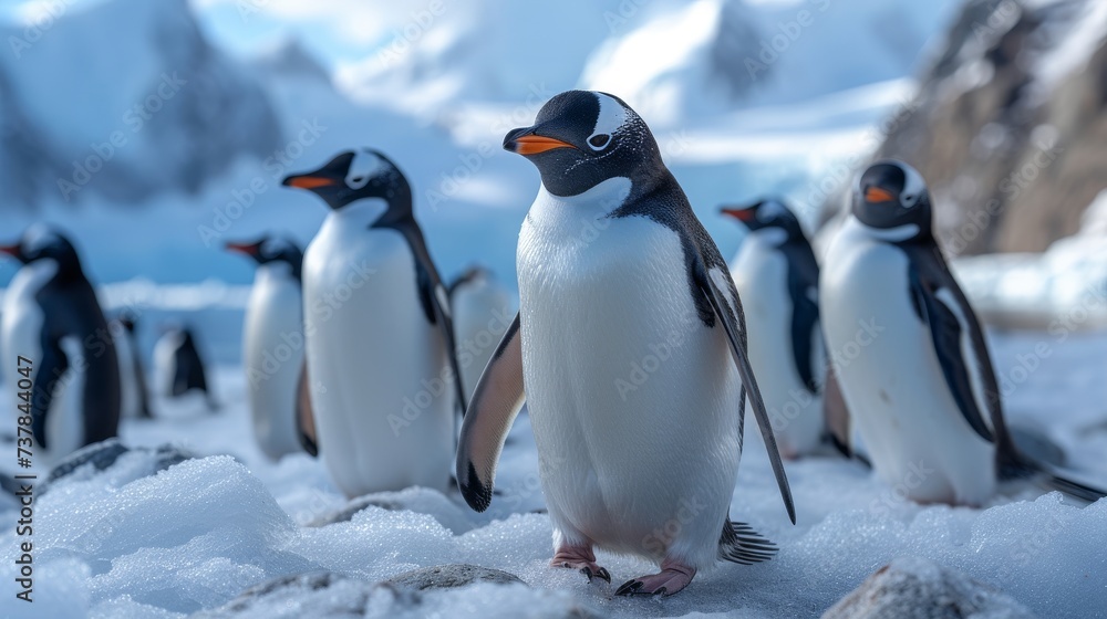 Fototapeta premium Penguins in Antarctica: Adorable penguins in their natural habitat, conveying the charm of these resilient birds.