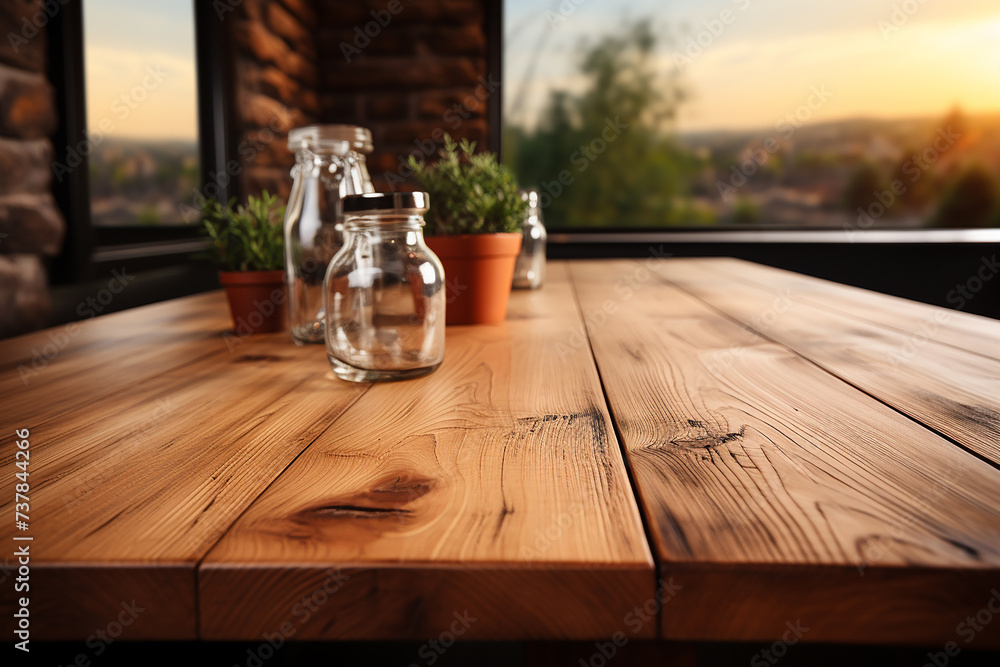 Wooden table top with natural green blurred bokeh background - obrazy, fototapety, plakaty 