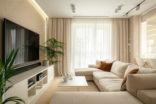 modern living room with TV  living room with tv  Cabinet for TV on the cream color wall in living room minimal design.