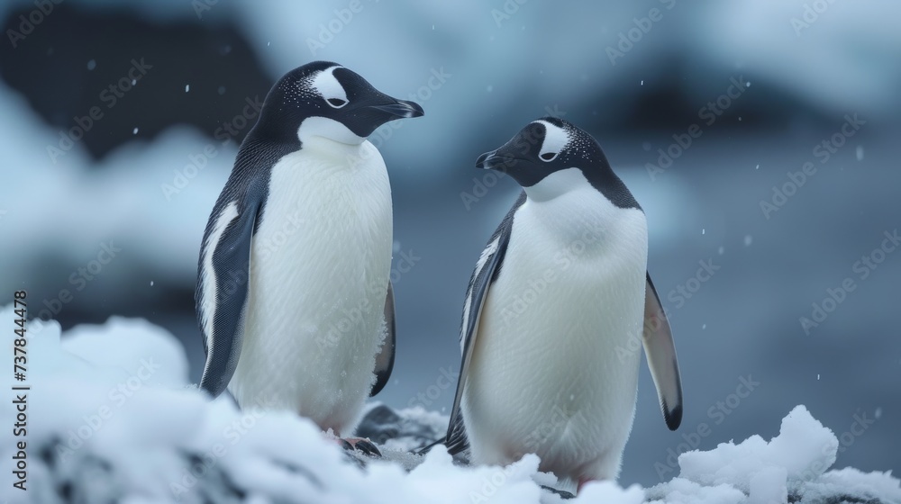 Fototapeta premium Penguins in Antarctica: Adorable penguins in their natural habitat, conveying the charm of these resilient birds.