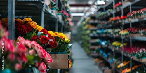 Colorful blossoms neatly arranged inside a refrigerated warehouse awaiting distribution in boxes. Concept Flower Distribution, Refrigerated Warehouse, Colorful Blossoms, Neat Arrangement