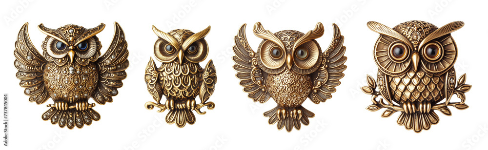 Fototapeta premium 4 Old fashioned owl brooch made of gold with intricate design set against a transparent background