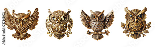 4 Old fashioned owl brooch made of gold with intricate design set against a transparent background