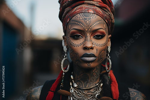 Close-up of a black woman's face featuring intricate traditional and contemporary styled facial tattoos. © Old Man Stocker