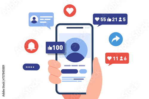 Hand holding mobile phone with Social media app. like, follower, comment. Vector illustration