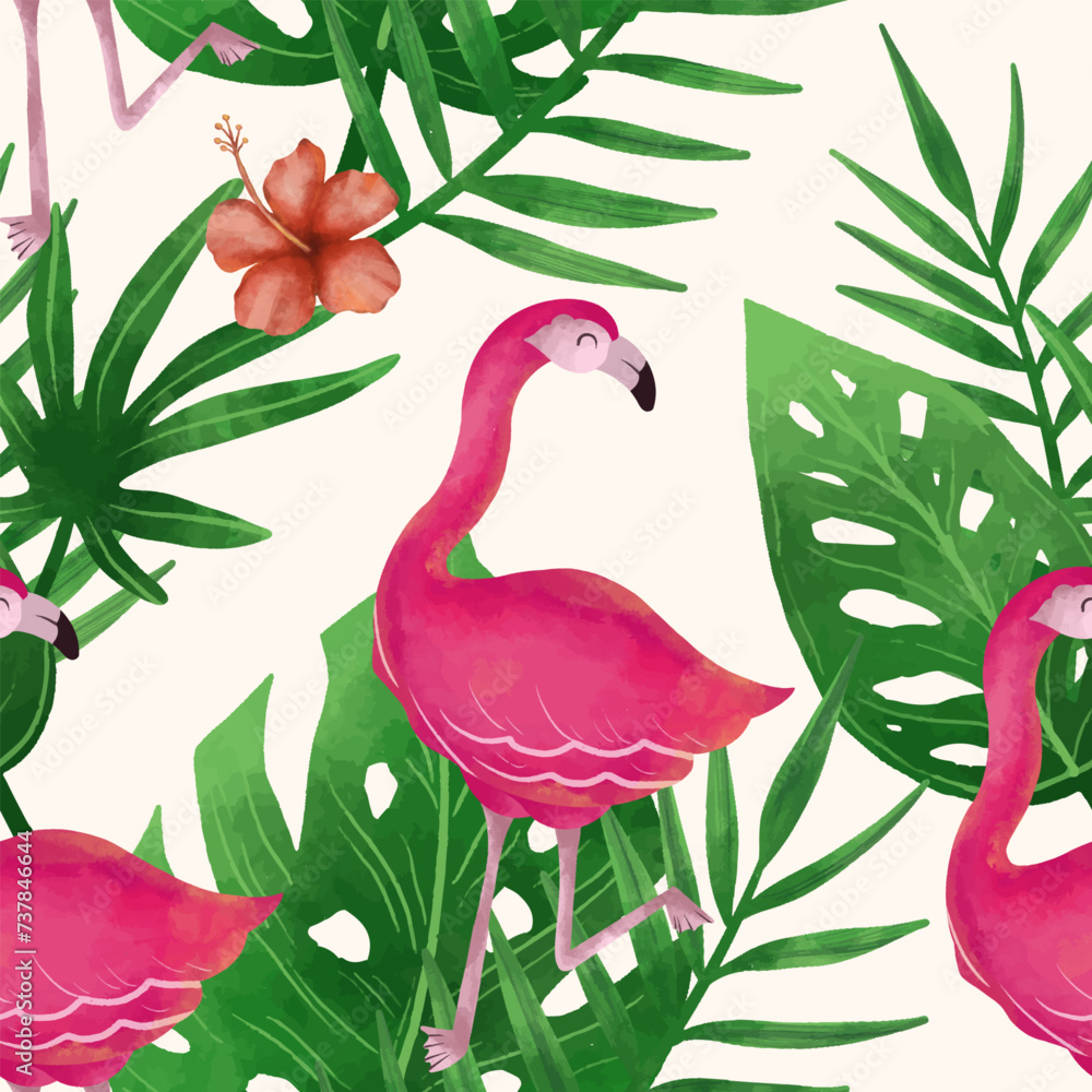 Obraz premium Flamingo and tropical leaves seamless pattern