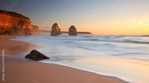 Two of the twelve apostles at sunrise from Gibsons beach, Great Ocean Road, Victoria, Australia photo