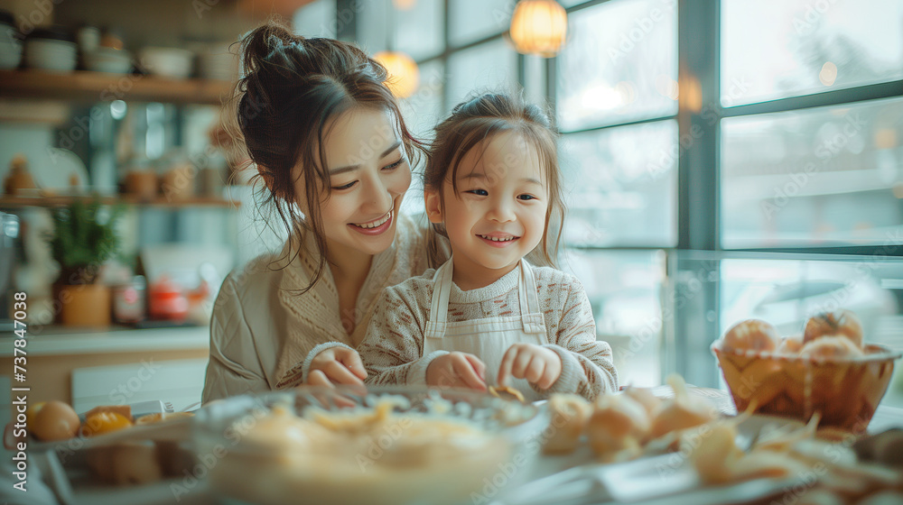 smilling mom and child enjoy love relation cudding hobby moment in kitchen sunday morning at hime mother and daughter helping prepare breakfast for her mom in modern white kitchen at home . - obrazy, fototapety, plakaty 