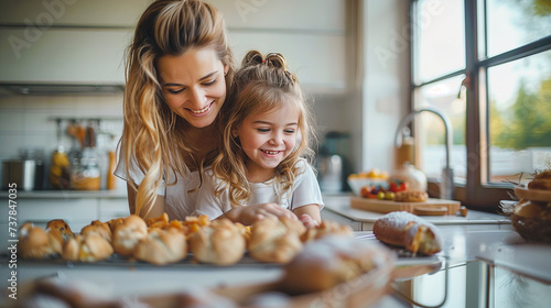 smilling mom and child enjoy love relation cudding hobby moment in kitchen sunday morning at hime mother and daughter helping prepare breakfast for her mom in modern white kitchen at home . photo