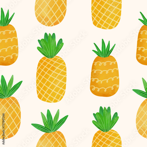 watercolor pineapple and tropical leaves seamless pattern