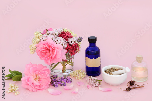 Naturopathic alternative adaptogen herbal medicine with herbs and flowers. Medicinal sedative food ingredients for healing on pink background.