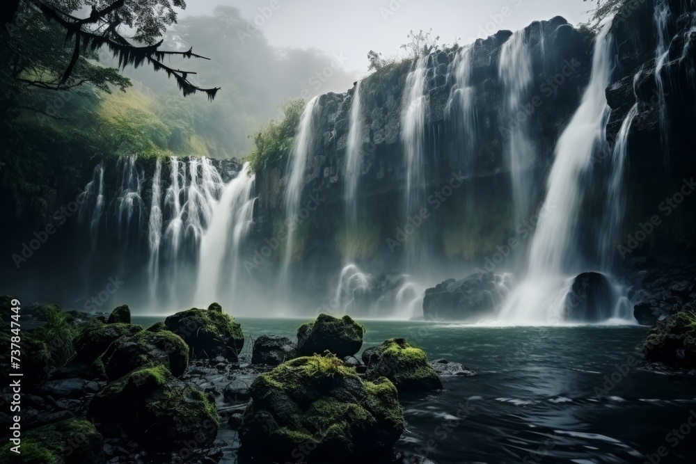 Breathtaking long exposure shot of enormous and majestic waterfall in the heart of the jungle