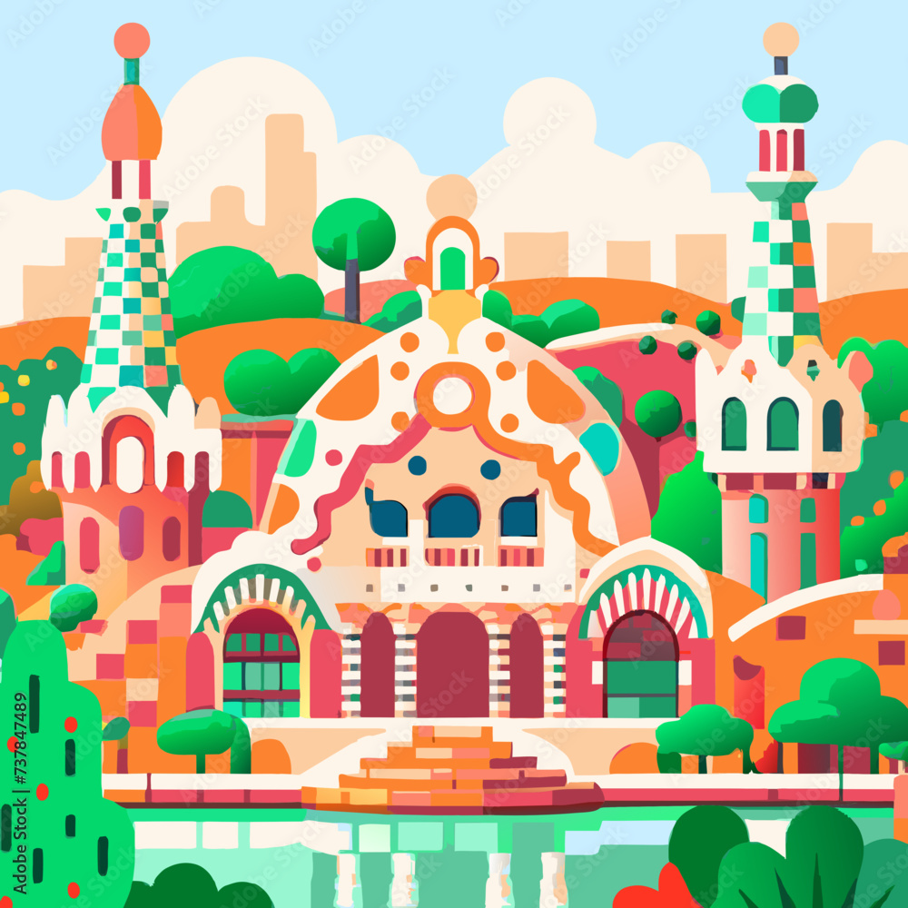 Park Güell Barcelona colorful vector