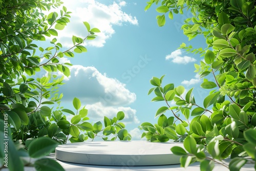 Natural wooden podium product display with leaves and sky background