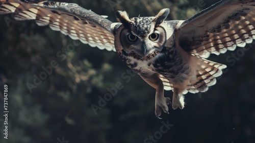 owl gliding directly towards camera, talons poised for landing photo