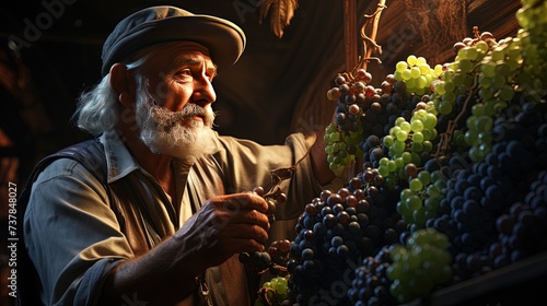A winemaker inspecting grapes in a vineyard photo