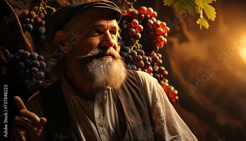 A winemaker inspecting grapes in a vineyard photo