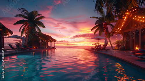 Beautiful sunrise at the swimming pool in hotel resort with palm trees