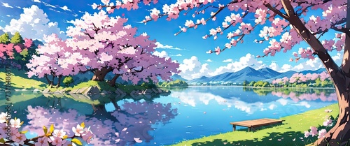 Beautiful lake with cherry blossoms in full bloom. Anime art style. Tranquility of natural scenery