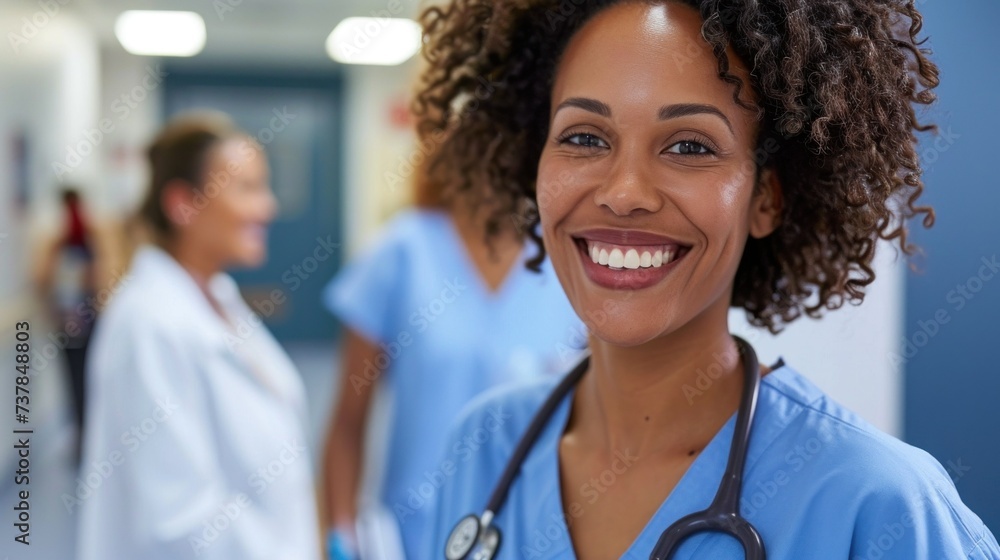 Female Doctor Wearing Scrubs In Hospital Corridor Female Doctor Wearing Scrubs In Hospital Corridor