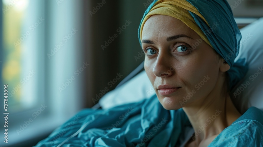 Fototapeta premium Woman in bed suffering from cancer. Thoughtful woman battling with tumor. Patient with headscarf recovery in hospital on bed