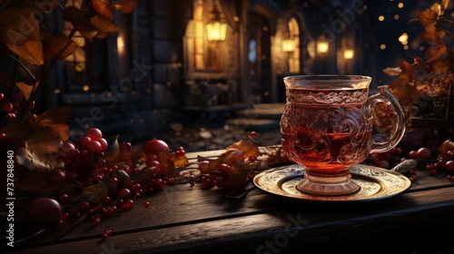 A rustic scene of hot mulled wine during the holidays