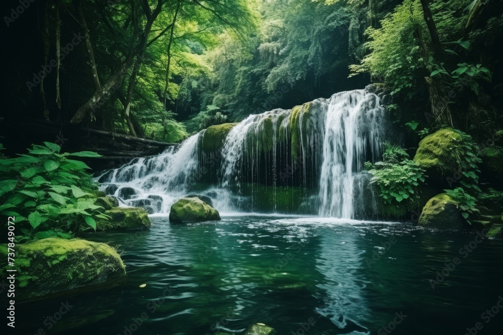 Obraz premium Breathtaking long exposure shot of enormous and majestic waterfall in the heart of the jungle