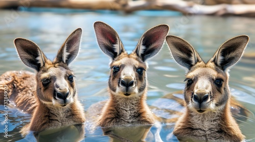 Funny and cute kangaroos in the water close-up  A photo for a postcard or poster.