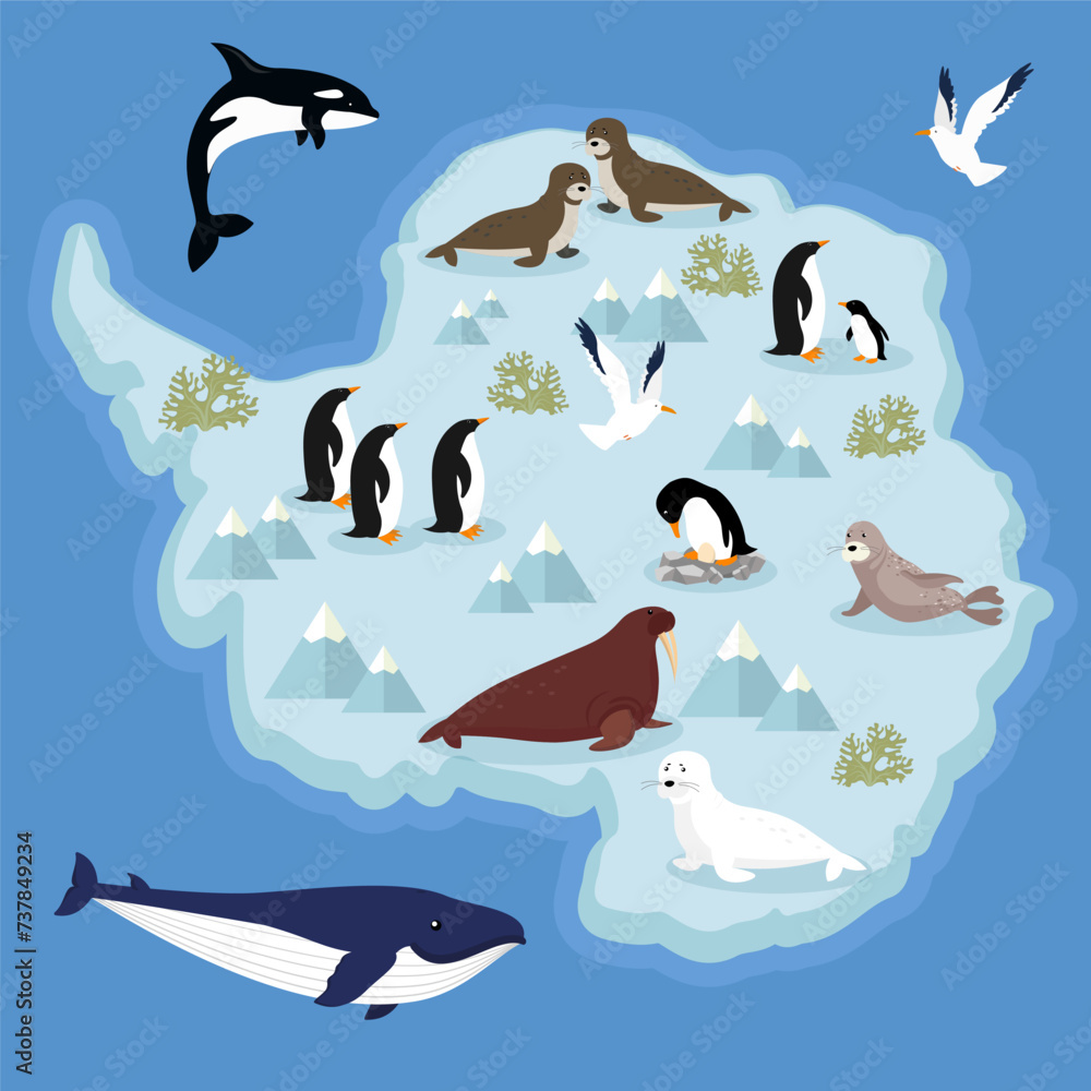 Obraz premium Cute cartoon penguins and sea animals in the world. Vector illustration.